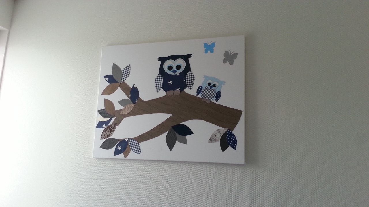 behangdecoratie op canvasdoek mdf plaat muurdecoratie babykamer uilen behangtak