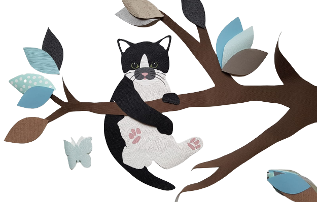 zwart-wit poes kat behangtak babykamer kleuren mintgroen-lichtblauw-zand