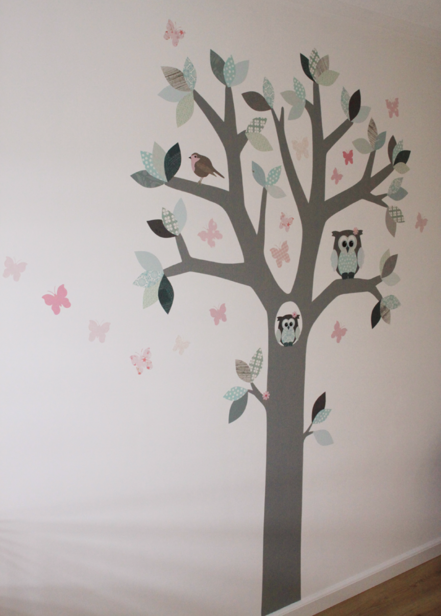 Kleinere behangboom muurdecoratie roze-mintgroen