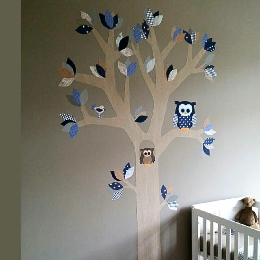 behangboom met uil muurdecoratie kinderkamer blauw tinten